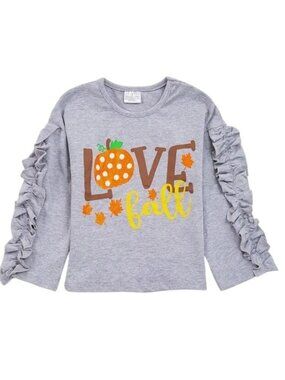 Toddler Girls Love Fall Ruffled Sleeve Top 2T Gray Cotton Blend Autumn Pumpkin D